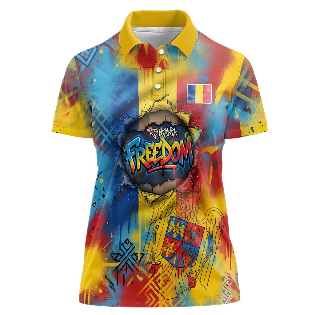 Romania Freedom Women Polo Shirt Flag Day June 26 - Raised Fist - Graffiti Style