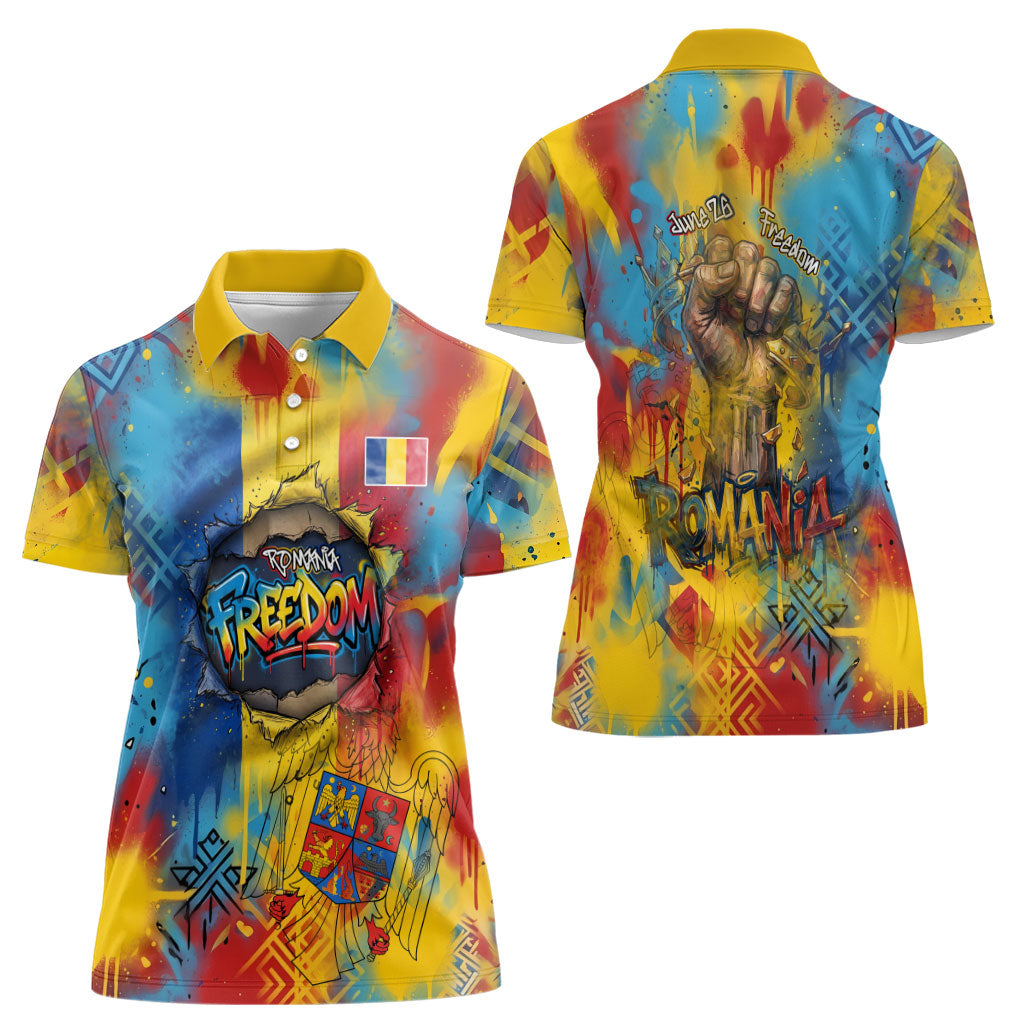 Romania Freedom Women Polo Shirt Flag Day June 26 - Raised Fist - Graffiti Style
