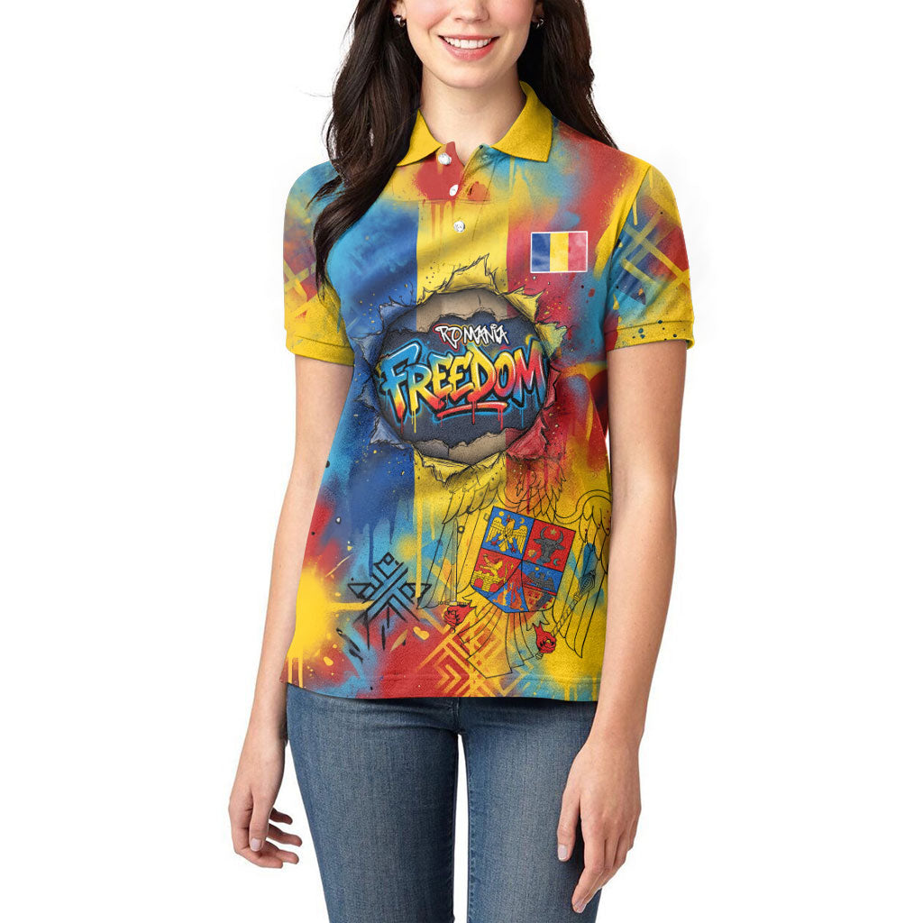 Romania Freedom Women Polo Shirt Flag Day June 26 - Raised Fist - Graffiti Style