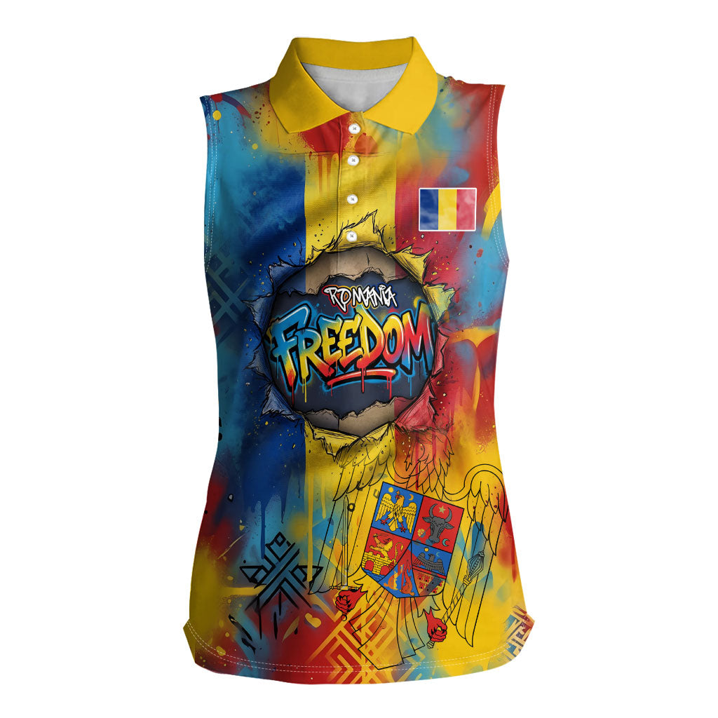 Romania Freedom Women Sleeveless Polo Shirt Flag Day June 26 - Raised Fist - Graffiti Style