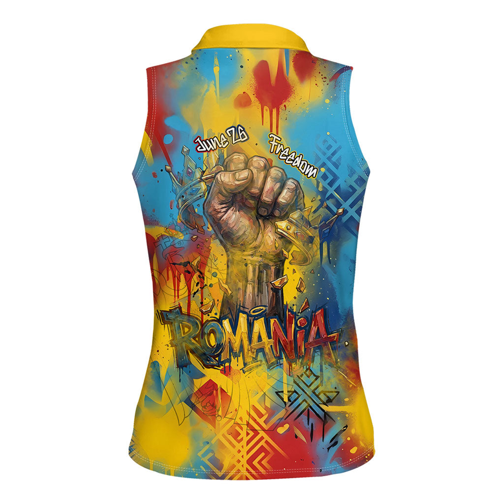 Romania Freedom Women Sleeveless Polo Shirt Flag Day June 26 - Raised Fist - Graffiti Style