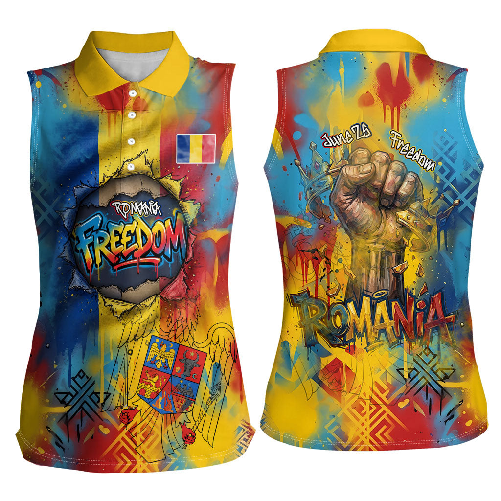 Romania Freedom Women Sleeveless Polo Shirt Flag Day June 26 - Raised Fist - Graffiti Style