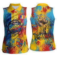 Romania Freedom Women Sleeveless Polo Shirt Flag Day June 26 - Raised Fist - Graffiti Style