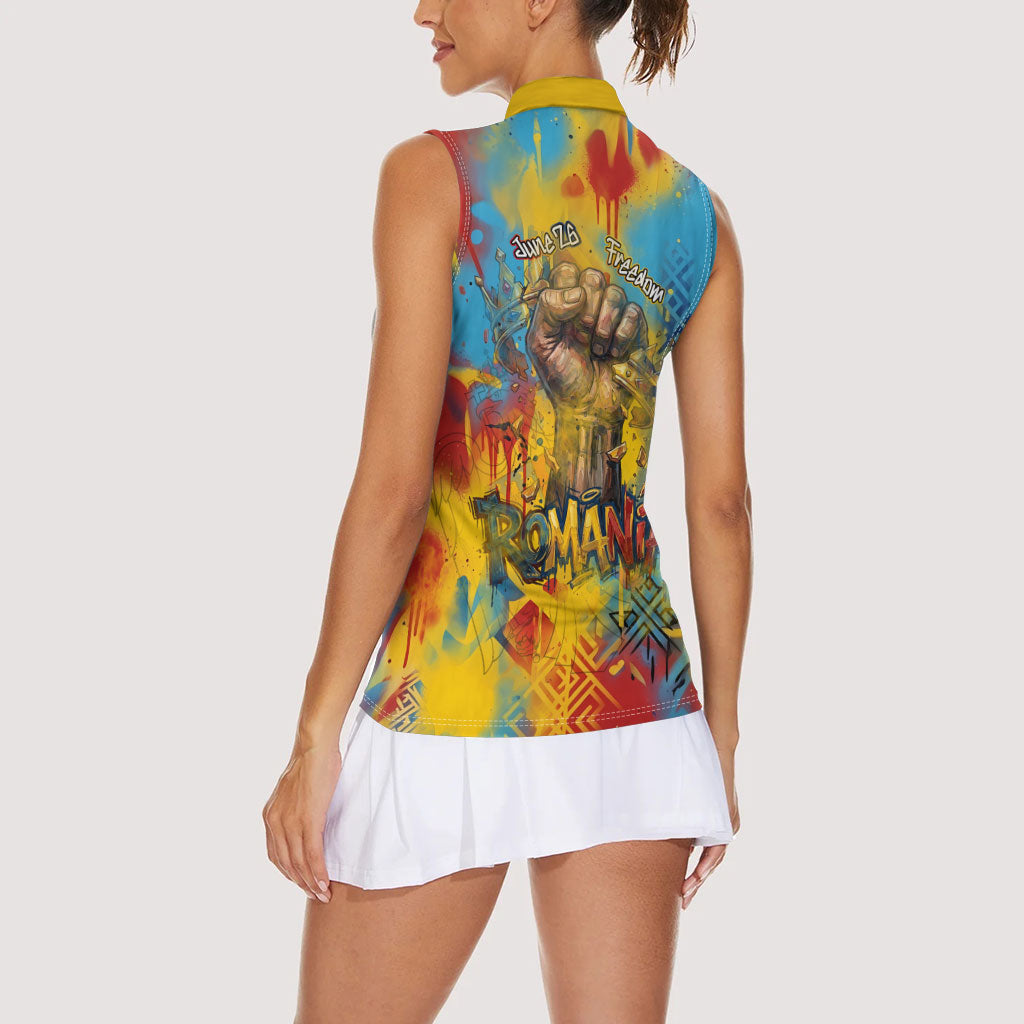 Romania Freedom Women Sleeveless Polo Shirt Flag Day June 26 - Raised Fist - Graffiti Style