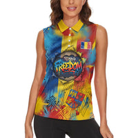 Romania Freedom Women Sleeveless Polo Shirt Flag Day June 26 - Raised Fist - Graffiti Style
