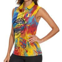 Romania Freedom Women Sleeveless Polo Shirt Flag Day June 26 - Raised Fist - Graffiti Style