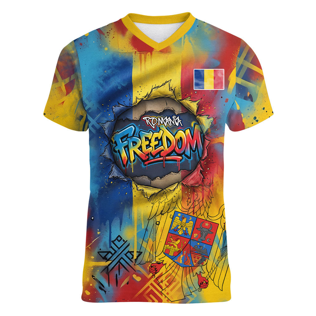 Romania Freedom Women V-Neck T-Shirt Flag Day June 26 - Raised Fist - Graffiti Style