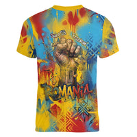 Romania Freedom Women V-Neck T-Shirt Flag Day June 26 - Raised Fist - Graffiti Style