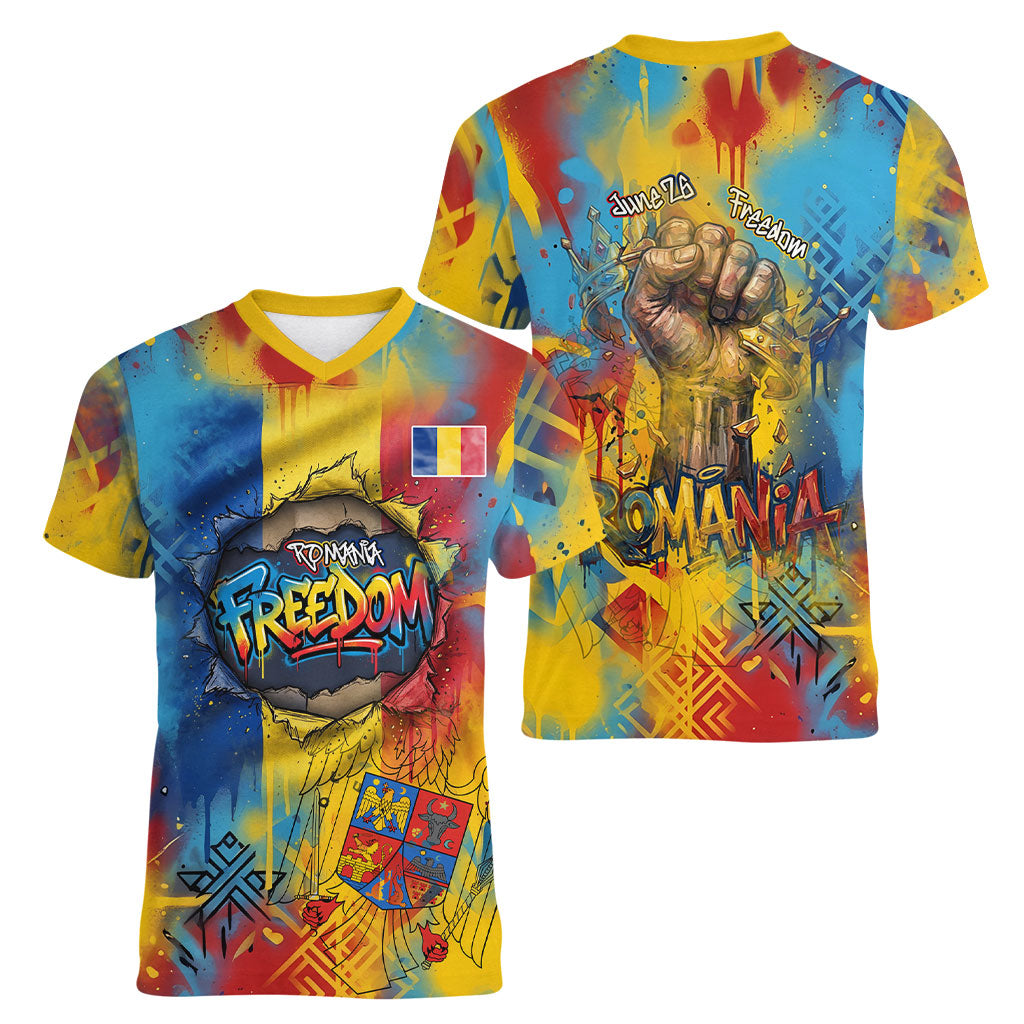 Romania Freedom Women V-Neck T-Shirt Flag Day June 26 - Raised Fist - Graffiti Style