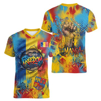 Romania Freedom Women V-Neck T-Shirt Flag Day June 26 - Raised Fist - Graffiti Style