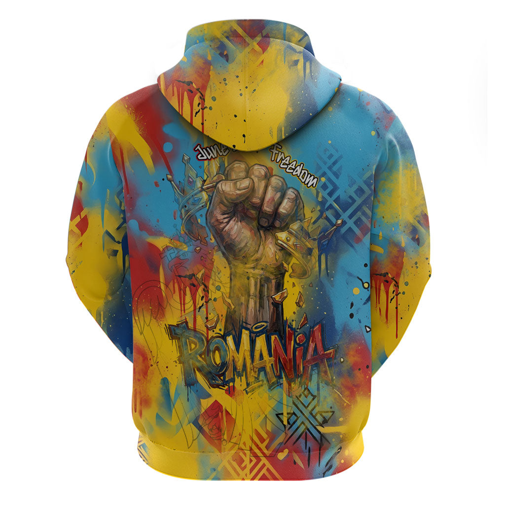 Romania Freedom Zip Hoodie Flag Day June 26 - Raised Fist - Graffiti Style