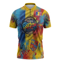 Romania Freedom Zipper Polo Shirt Flag Day June 26 - Raised Fist - Graffiti Style
