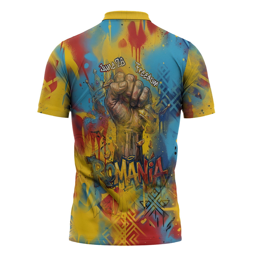 Romania Freedom Zipper Polo Shirt Flag Day June 26 - Raised Fist - Graffiti Style