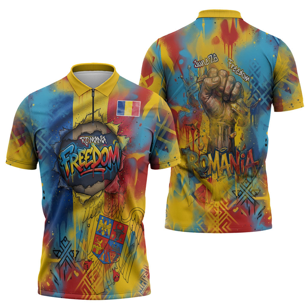Romania Freedom Zipper Polo Shirt Flag Day June 26 - Raised Fist - Graffiti Style