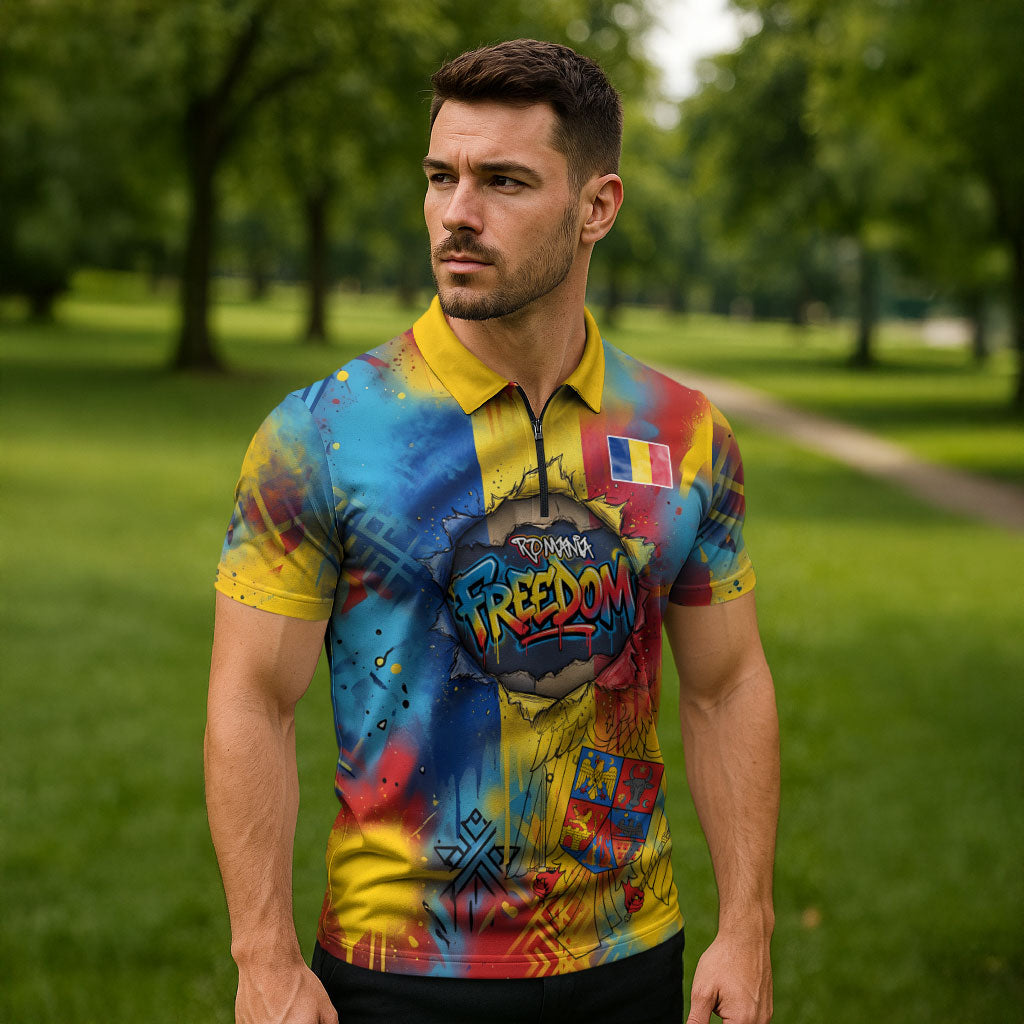 Romania Freedom Zipper Polo Shirt Flag Day June 26 - Raised Fist - Graffiti Style