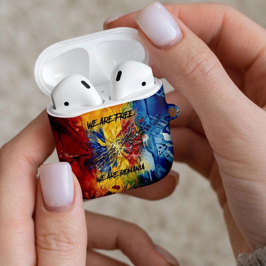Romania We Are Free Eagle AirPods Case Romanian Flag Broken Chains - Watercolor Style