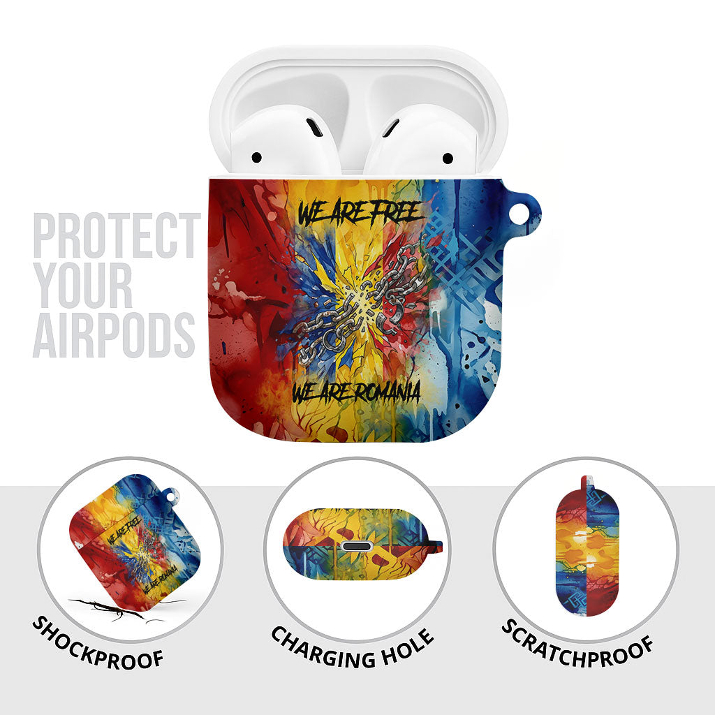 Romania We Are Free Eagle AirPods Case Romanian Flag Broken Chains - Watercolor Style