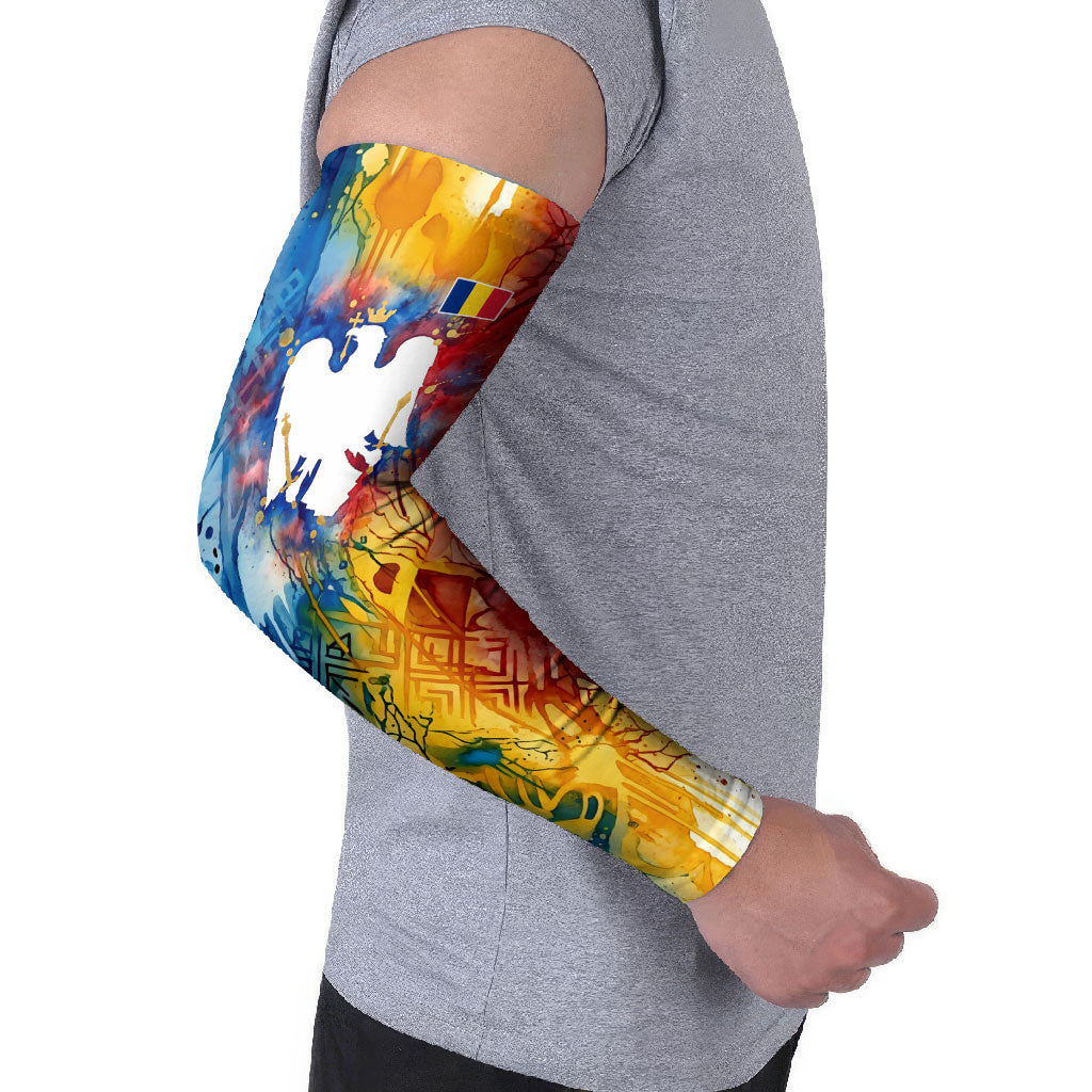 Romania We Are Free Eagle Arm Sleeves Romanian Flag Broken Chains - Watercolor Style