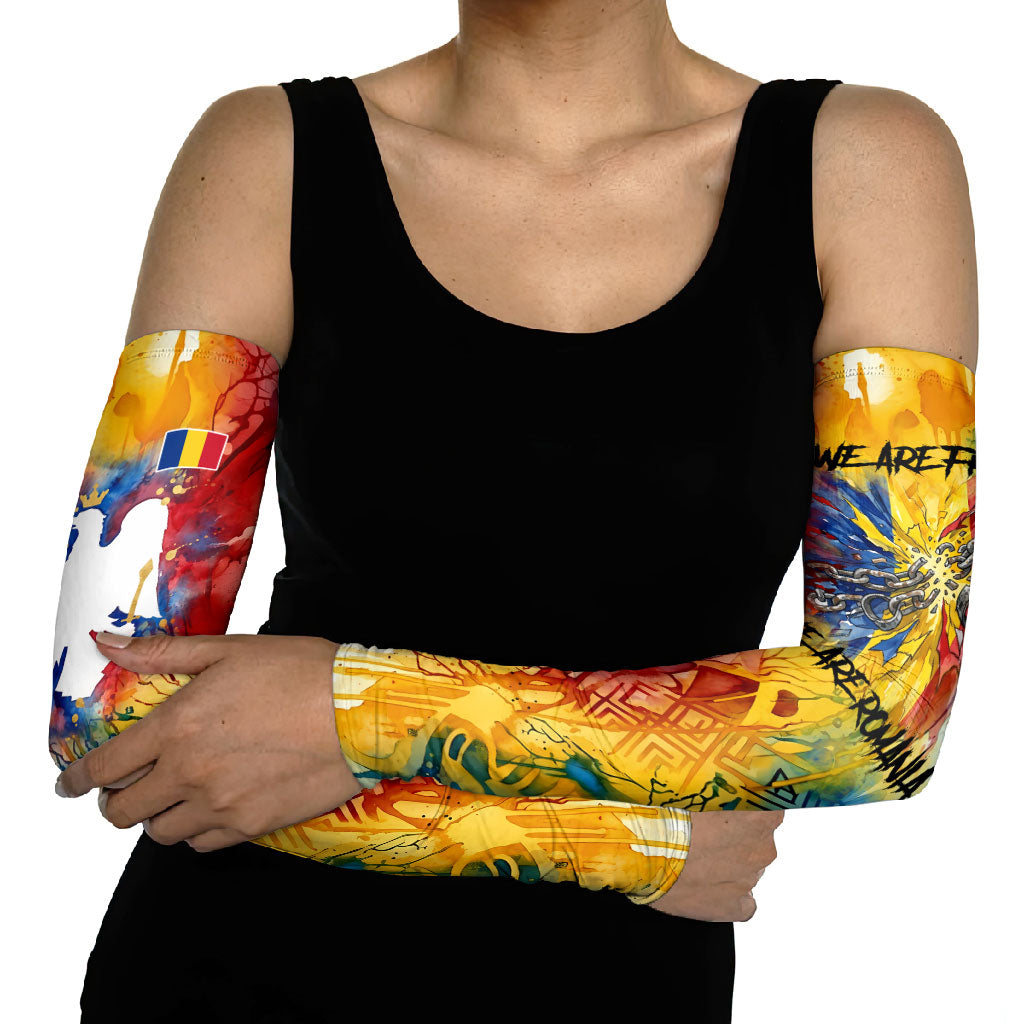 Romania We Are Free Eagle Arm Sleeves Romanian Flag Broken Chains - Watercolor Style