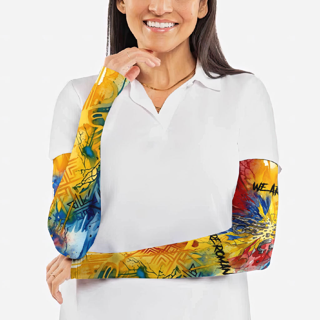 Romania We Are Free Eagle Arm Sleeves Romanian Flag Broken Chains - Watercolor Style