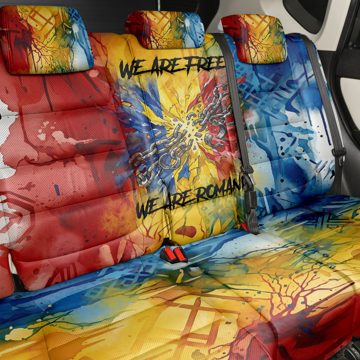 Romania We Are Free Eagle Back Car Seat Cover Romanian Flag Broken Chains - Watercolor Style