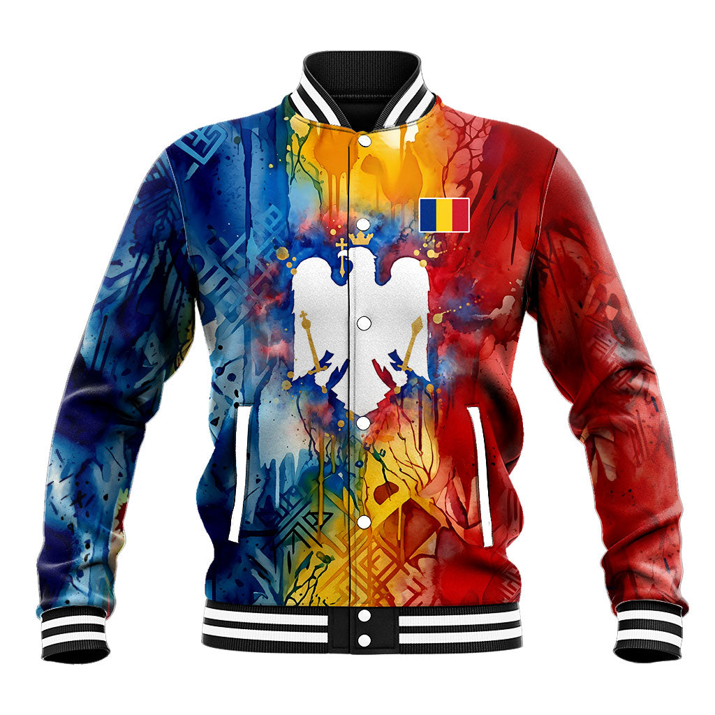 Romania We Are Free Eagle Baseball Jacket Romanian Flag Broken Chains - Watercolor Style