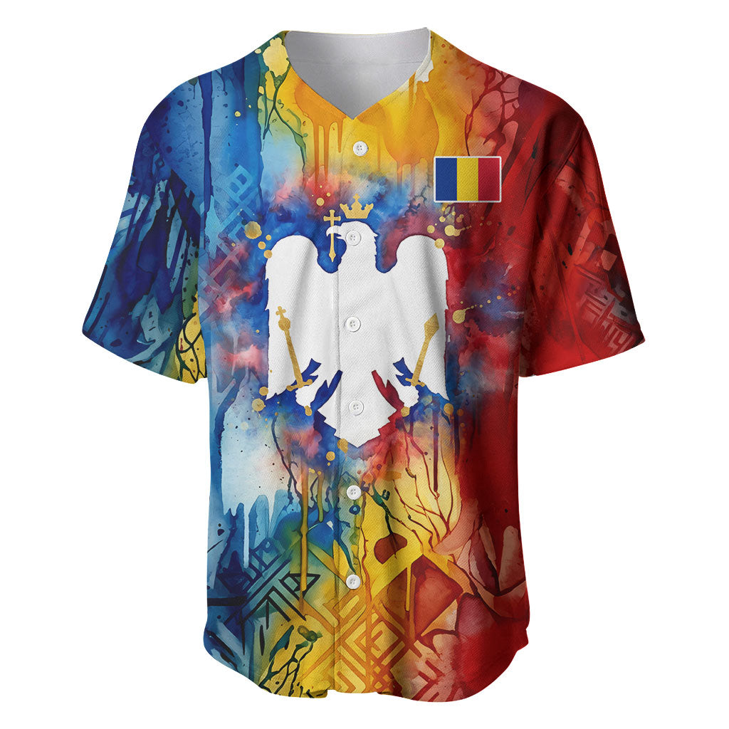 Romania We Are Free Eagle Baseball Jersey Romanian Flag Broken Chains - Watercolor Style
