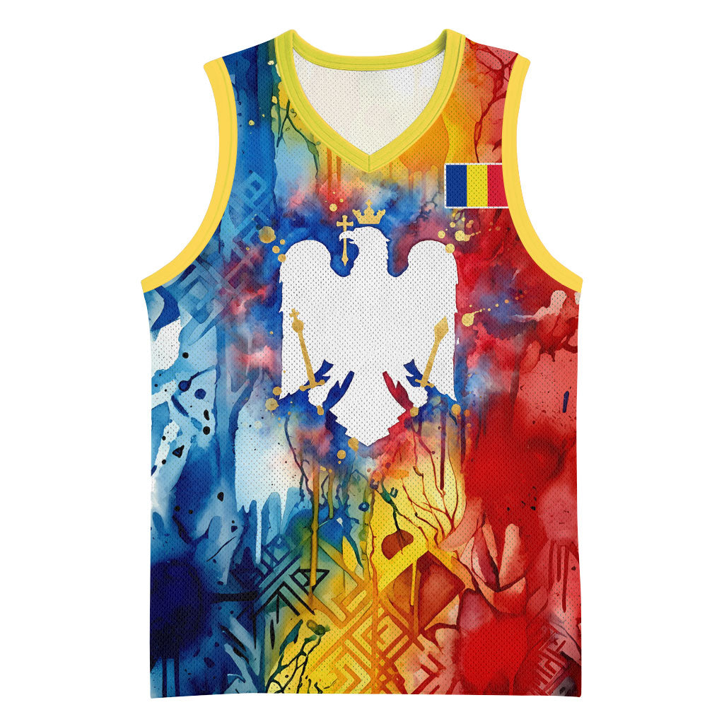 Romania We Are Free Eagle Basketball Jersey Romanian Flag Broken Chains - Watercolor Style