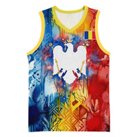 Romania We Are Free Eagle Basketball Jersey Romanian Flag Broken Chains - Watercolor Style
