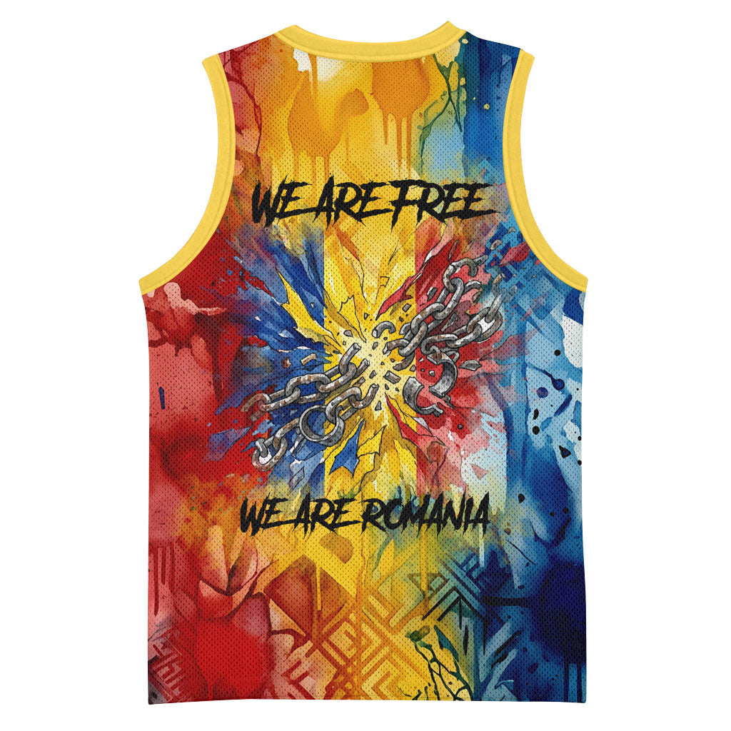 Romania We Are Free Eagle Basketball Jersey Romanian Flag Broken Chains - Watercolor Style