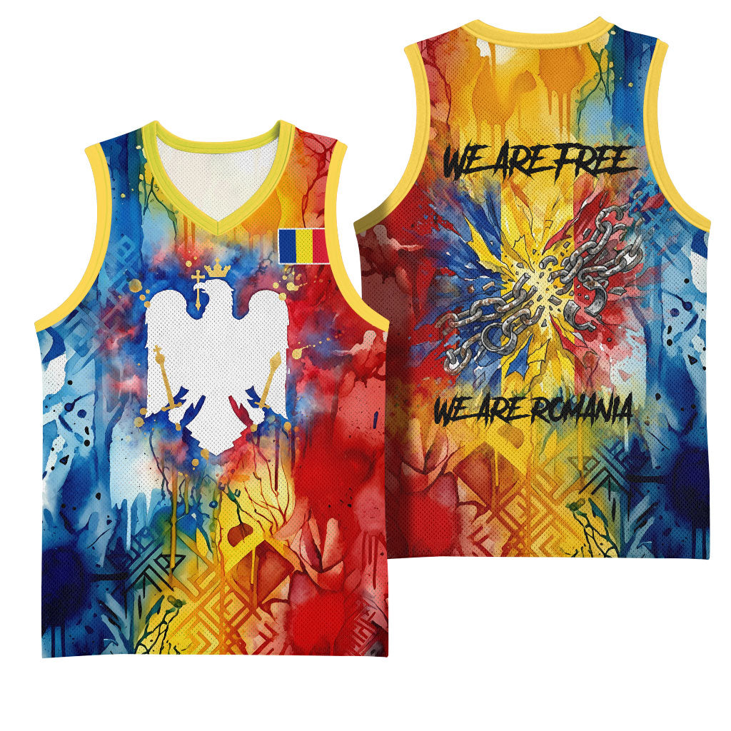 Romania We Are Free Eagle Basketball Jersey Romanian Flag Broken Chains - Watercolor Style