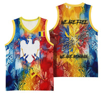 Romania We Are Free Eagle Basketball Jersey Romanian Flag Broken Chains - Watercolor Style