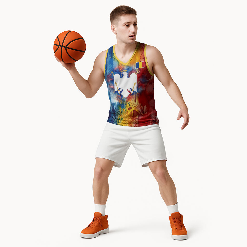 Romania We Are Free Eagle Basketball Jersey Romanian Flag Broken Chains - Watercolor Style