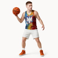 Romania We Are Free Eagle Basketball Jersey Romanian Flag Broken Chains - Watercolor Style