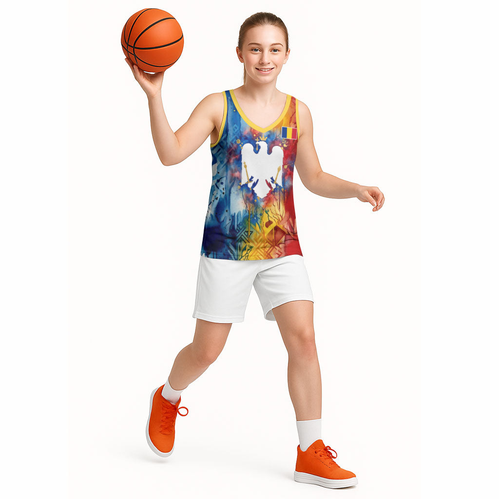 Romania We Are Free Eagle Basketball Jersey Romanian Flag Broken Chains - Watercolor Style