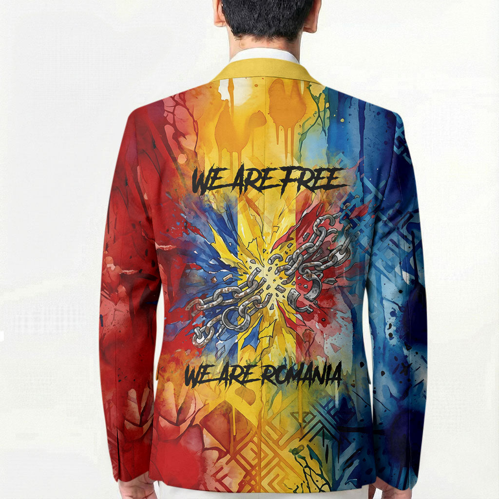 Romania We Are Free Eagle Blazer Romanian Flag Broken Chains - Watercolor Style