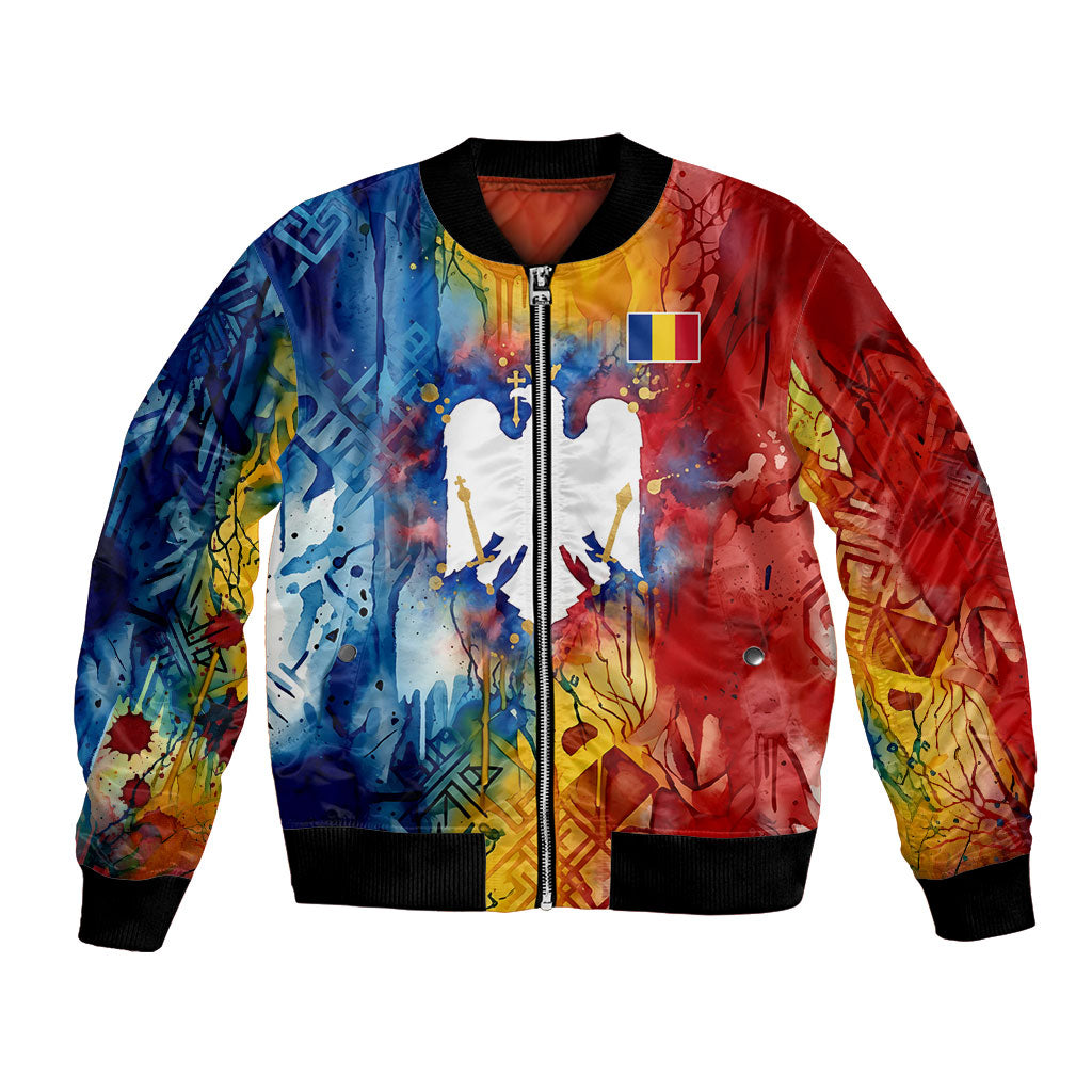 Romania We Are Free Eagle Bomber Jacket Romanian Flag Broken Chains - Watercolor Style