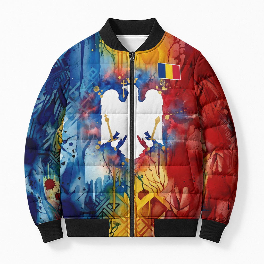 Romania We Are Free Eagle Bomber Puffer Jacket Romanian Flag Broken Chains - Watercolor Style