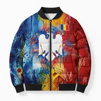 Romania We Are Free Eagle Bomber Puffer Jacket Romanian Flag Broken Chains - Watercolor Style