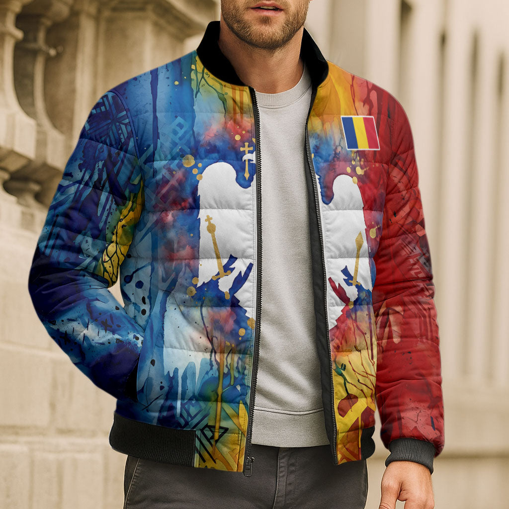 Romania We Are Free Eagle Bomber Puffer Jacket Romanian Flag Broken Chains - Watercolor Style