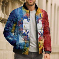 Romania We Are Free Eagle Bomber Puffer Jacket Romanian Flag Broken Chains - Watercolor Style