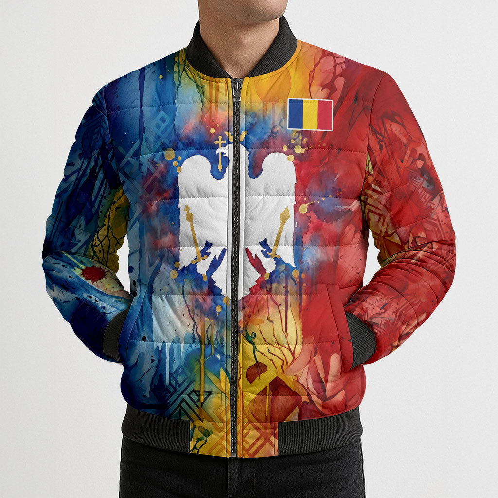 Romania We Are Free Eagle Bomber Puffer Jacket Romanian Flag Broken Chains - Watercolor Style