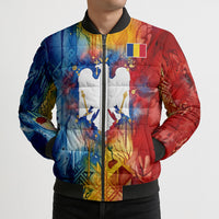 Romania We Are Free Eagle Bomber Puffer Jacket Romanian Flag Broken Chains - Watercolor Style