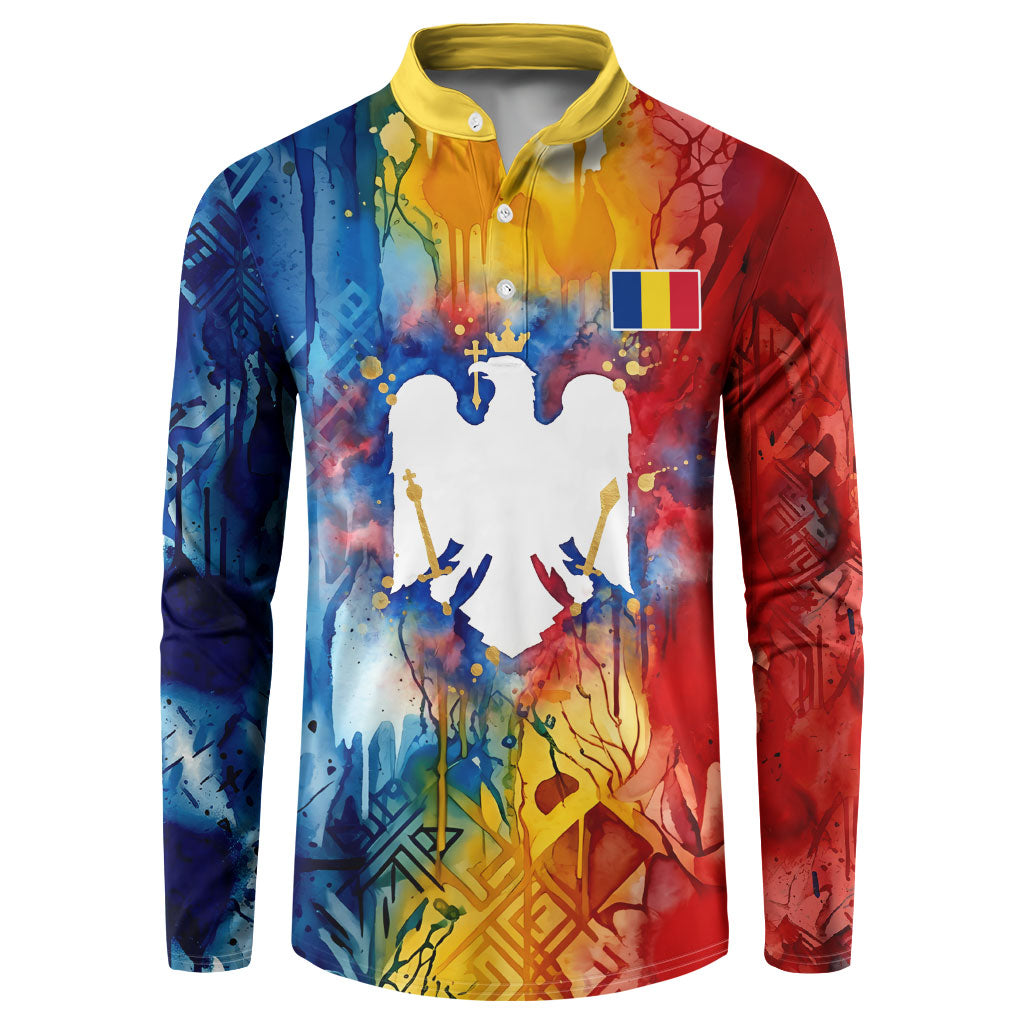 Romania We Are Free Eagle Button Sweatshirt Romanian Flag Broken Chains - Watercolor Style