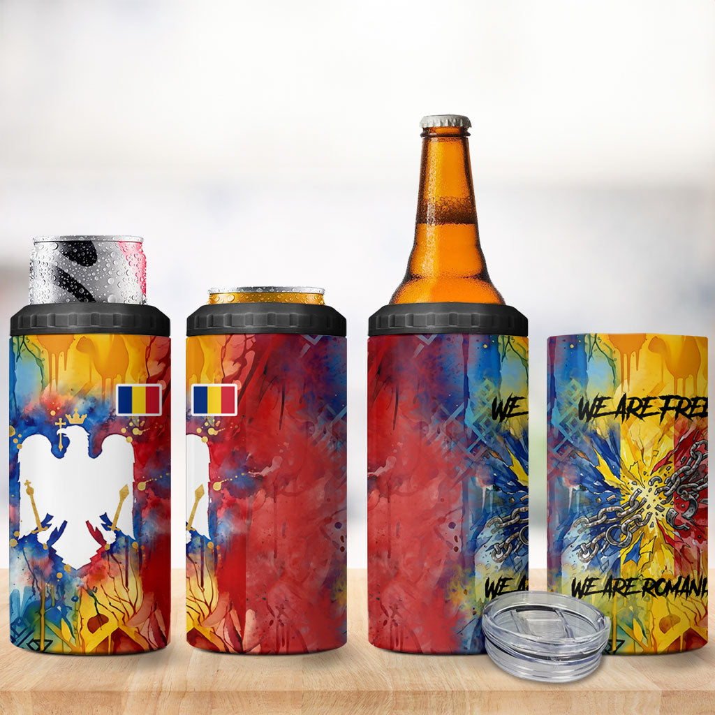 Romania We Are Free Eagle 4 in 1 Can Cooler Tumbler Romanian Flag Broken Chains - Watercolor Style