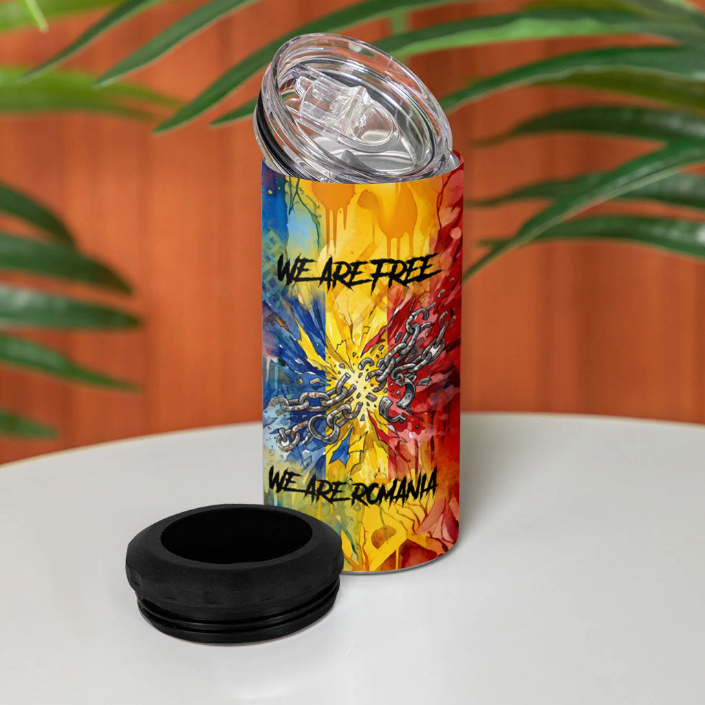 Romania We Are Free Eagle 4 in 1 Can Cooler Tumbler Romanian Flag Broken Chains - Watercolor Style