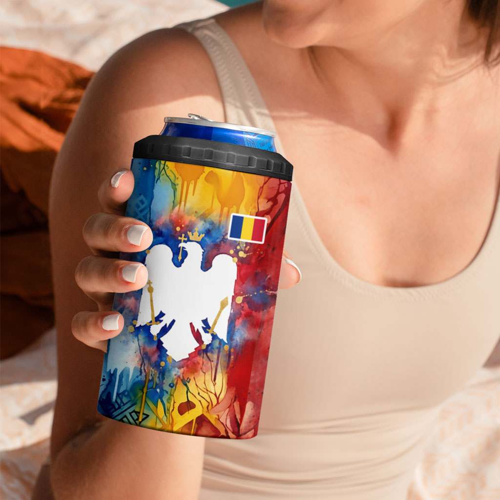 Romania We Are Free Eagle 4 in 1 Can Cooler Tumbler Romanian Flag Broken Chains - Watercolor Style