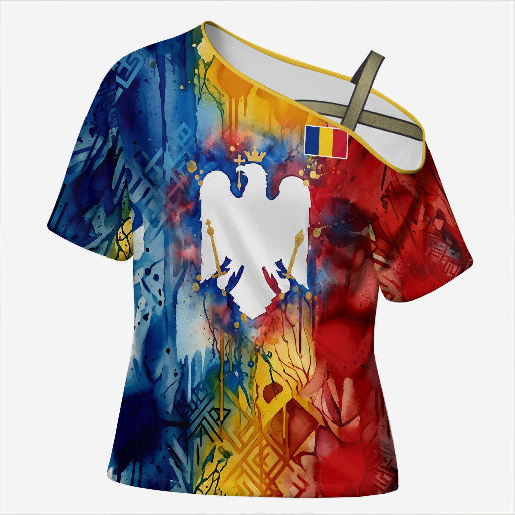 Romania We Are Free Eagle Cross Shoulder Shirt Romanian Flag Broken Chains - Watercolor Style