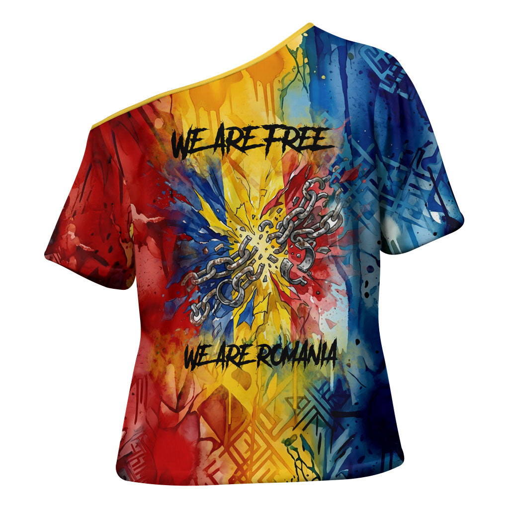 Romania We Are Free Eagle Cross Shoulder Shirt Romanian Flag Broken Chains - Watercolor Style
