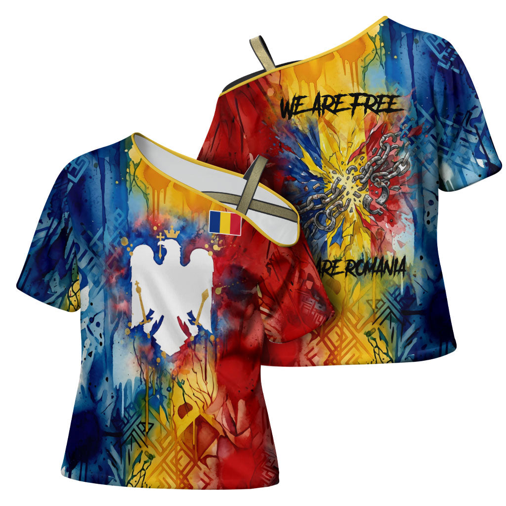 Romania We Are Free Eagle Cross Shoulder Shirt Romanian Flag Broken Chains - Watercolor Style